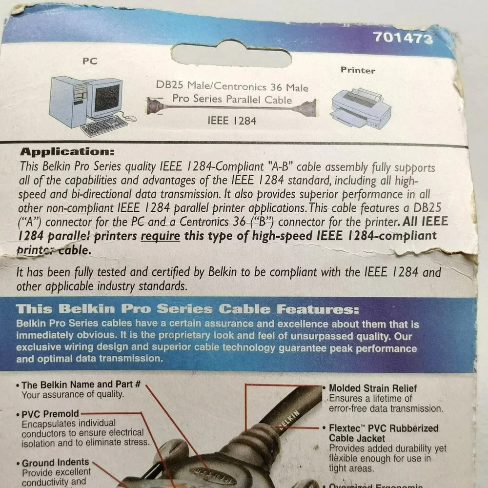 Brand New Sealed Belkin Pro Series IEEE 6' Printer Cable PC Compatible Unopened